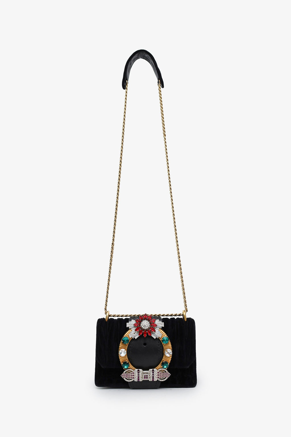Miu Miu Black Velvet Crystal Buckle Flap Bag