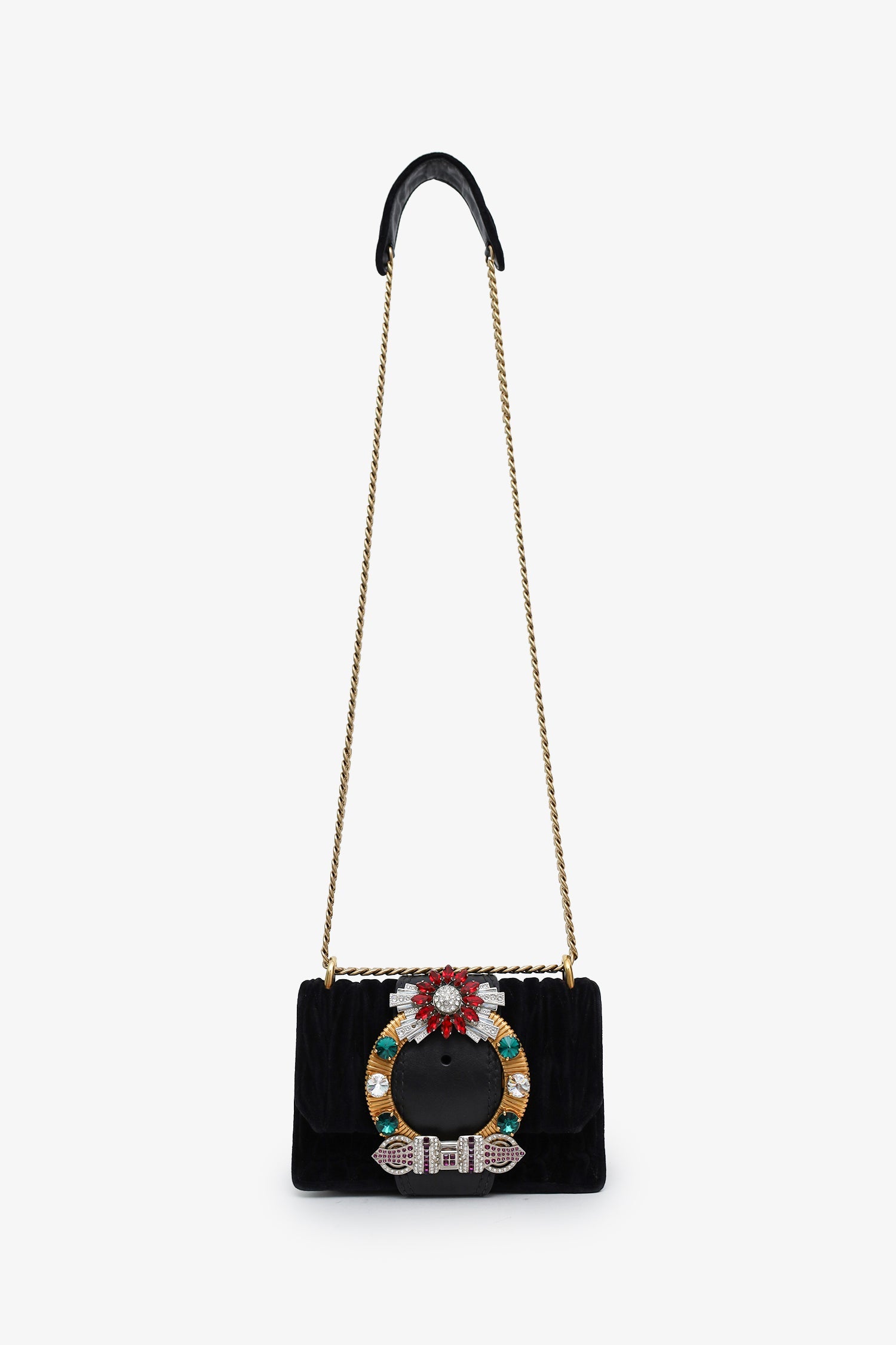 Miu Miu Black Velvet Crystal Buckle Flap Bag