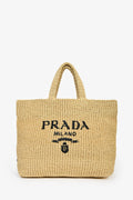 Prada Beige/Black Raffia Triangle Logo Tote