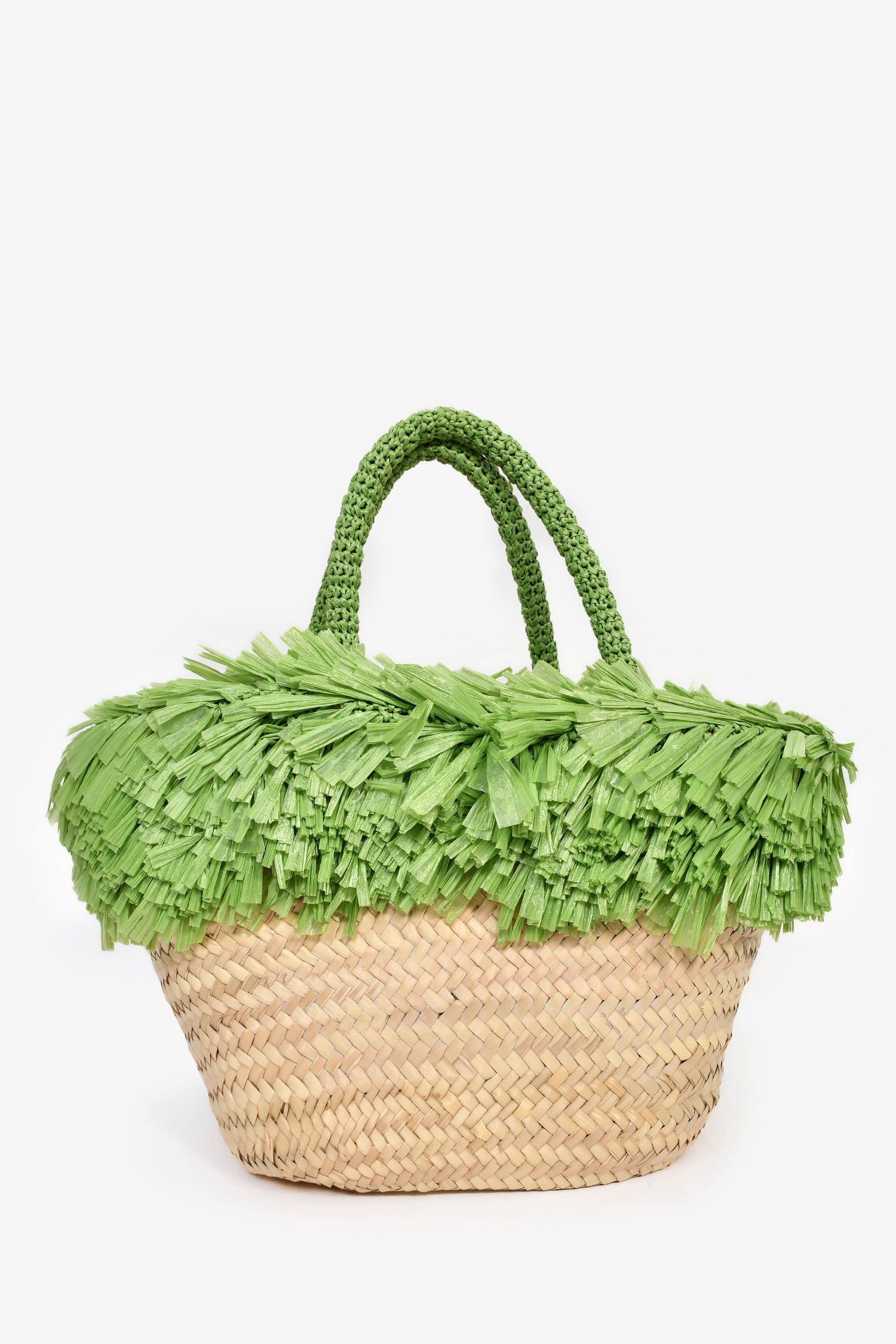 Miu Miu Green/Brown Raffia Logo Fringe Tote