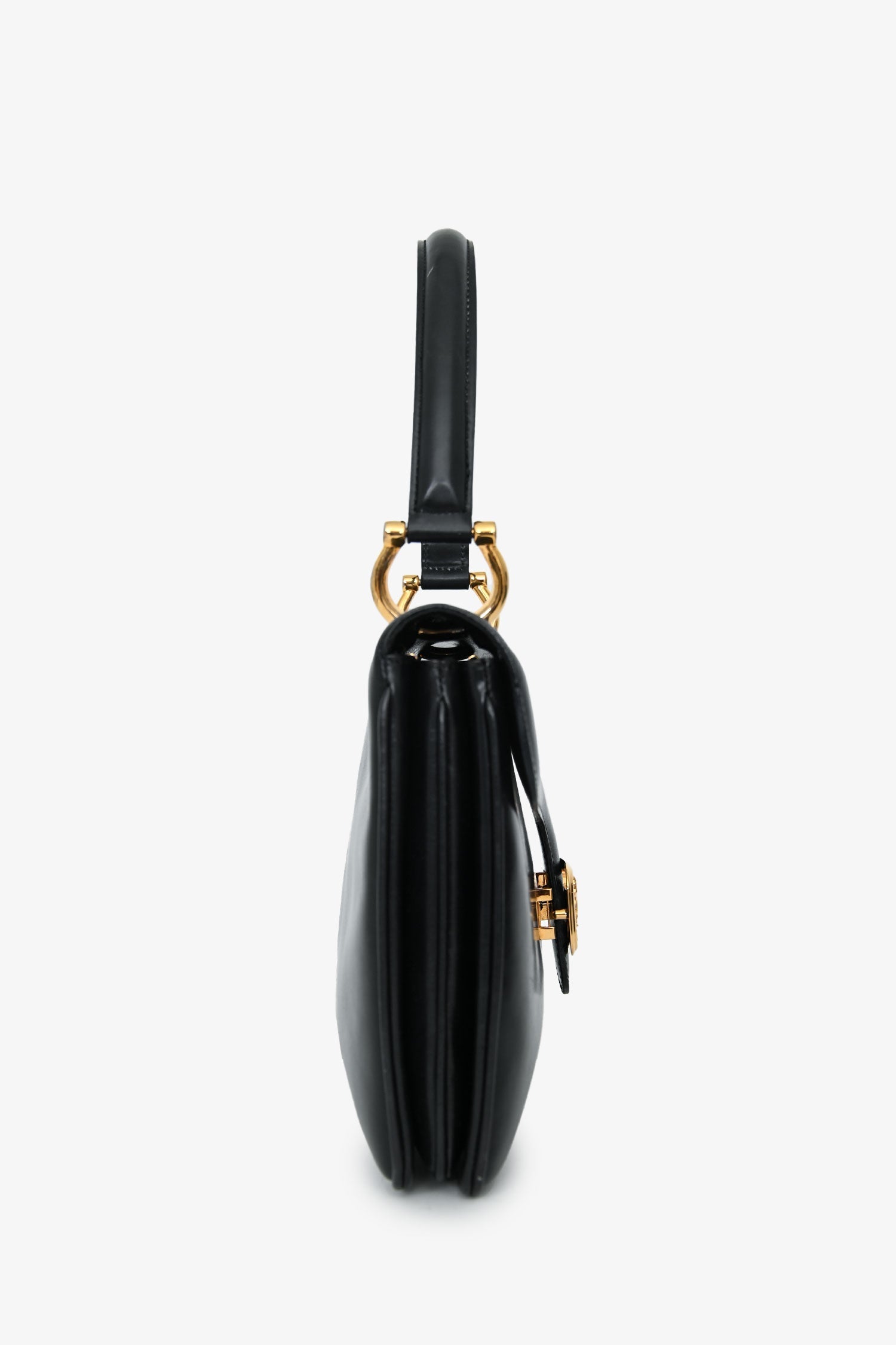 Celine Vintage Black Box Leather Carriage Buckle Top Handle Bag