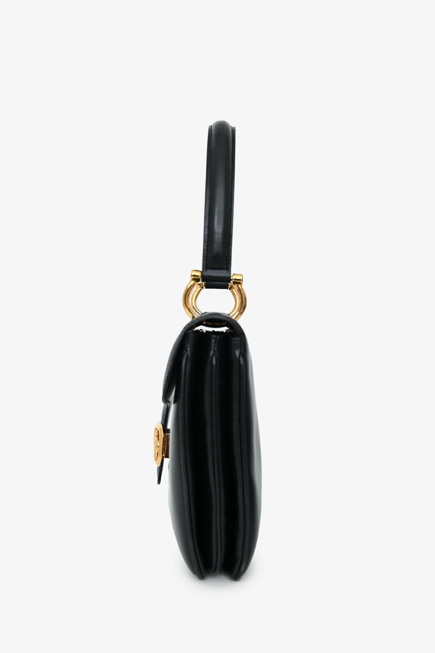 Celine Vintage Black Box Leather Carriage Buckle Top Handle Bag