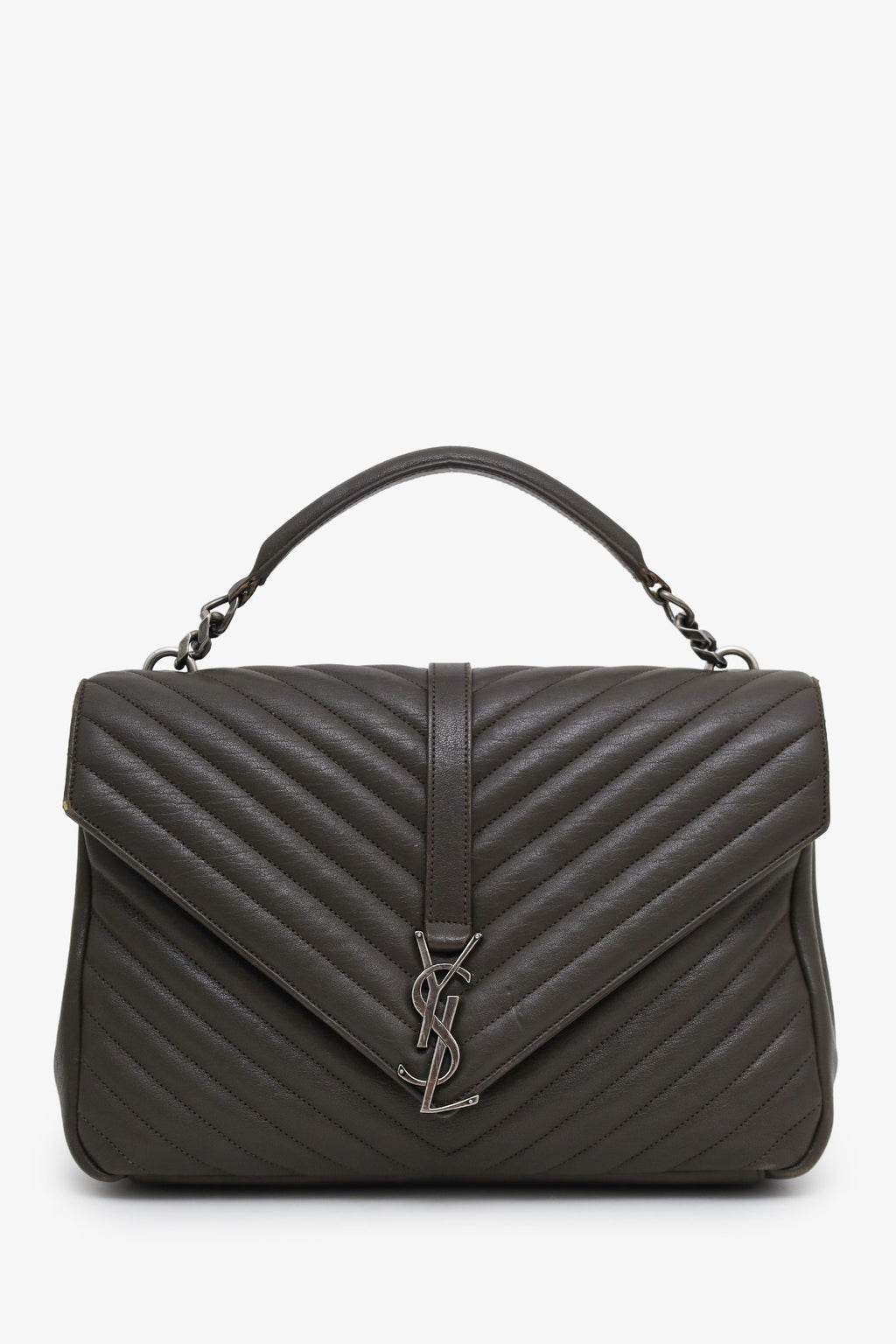 Saint Laurent Green Chevron Leather Medium College Bag With Chain