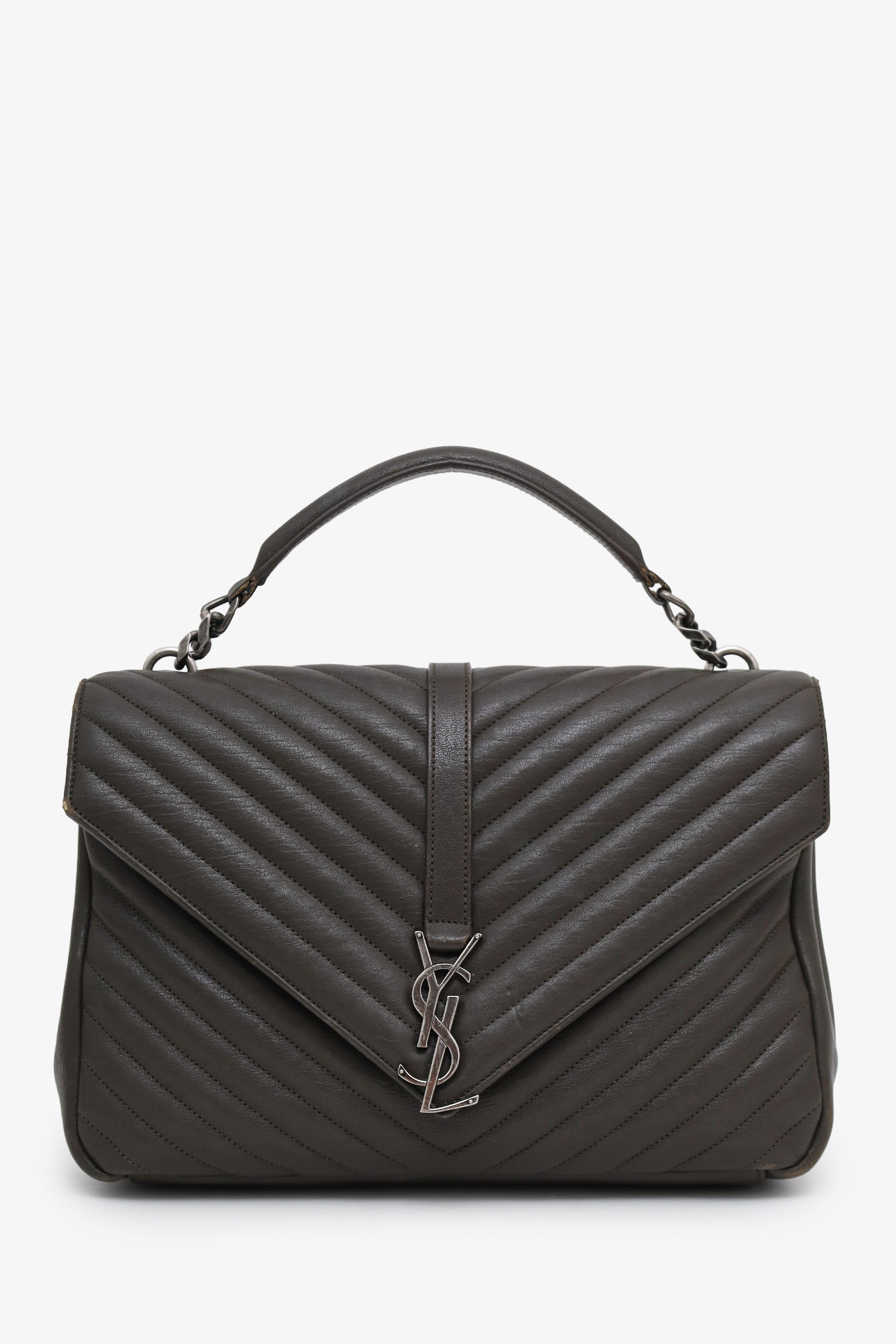 Saint Laurent Green Chevron Leather Medium College Bag With Chain