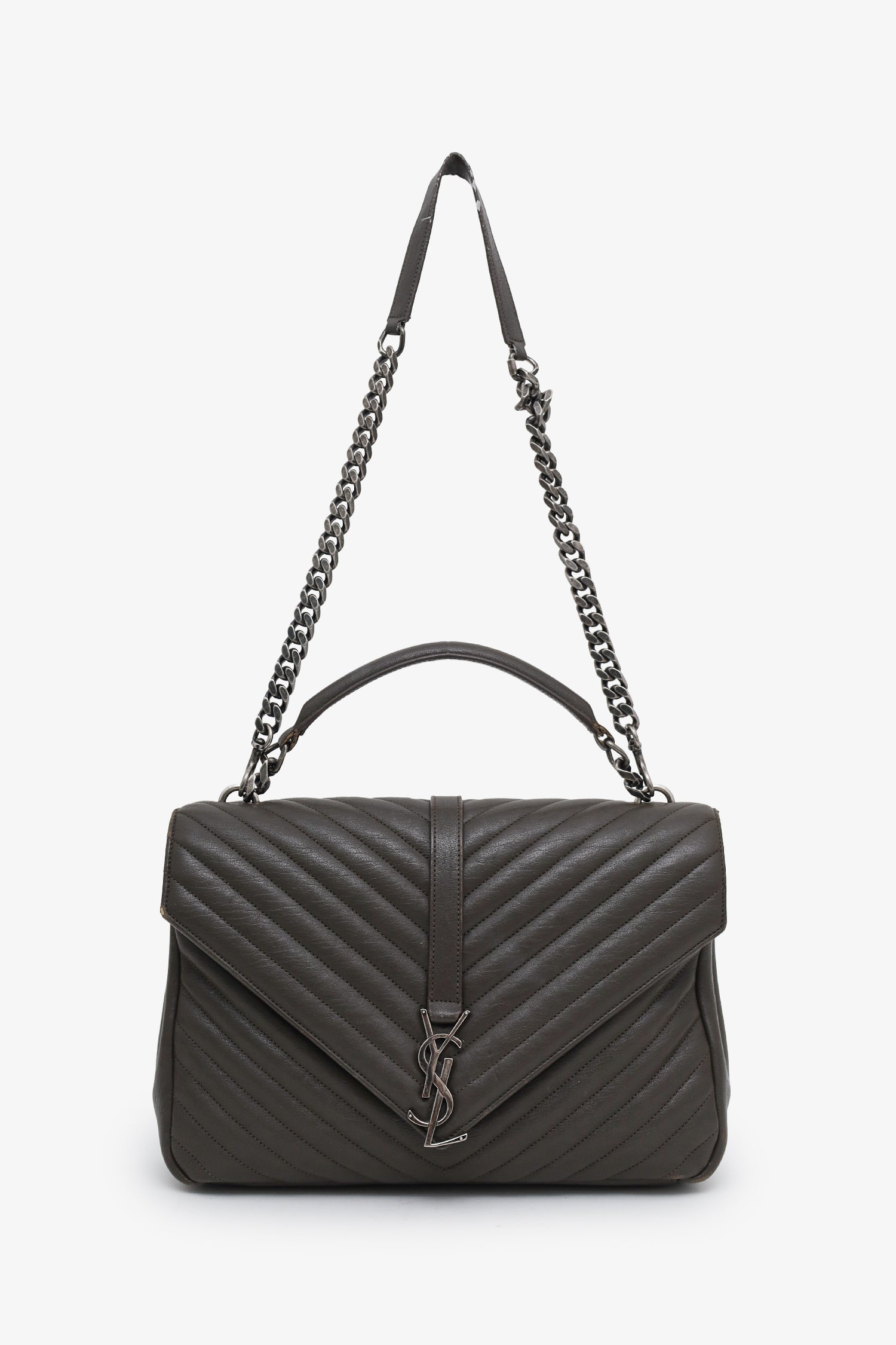 Saint Laurent Green Chevron Leather Medium College Bag With Chain