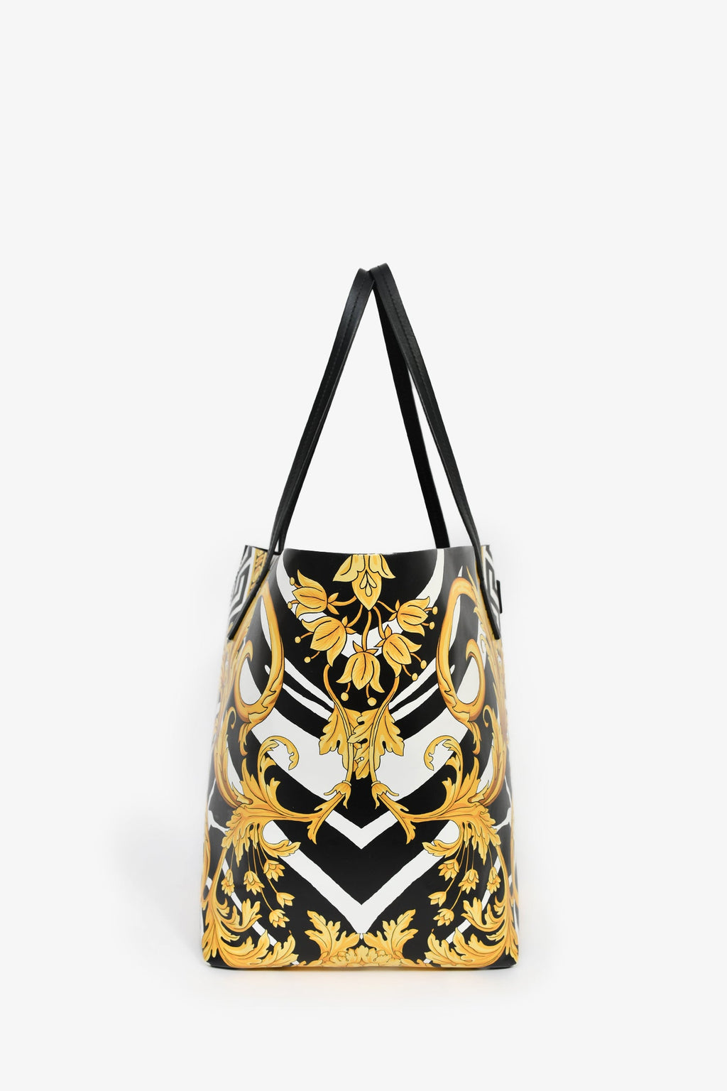 Versace Black Leather Barocco Print Shopper Tote