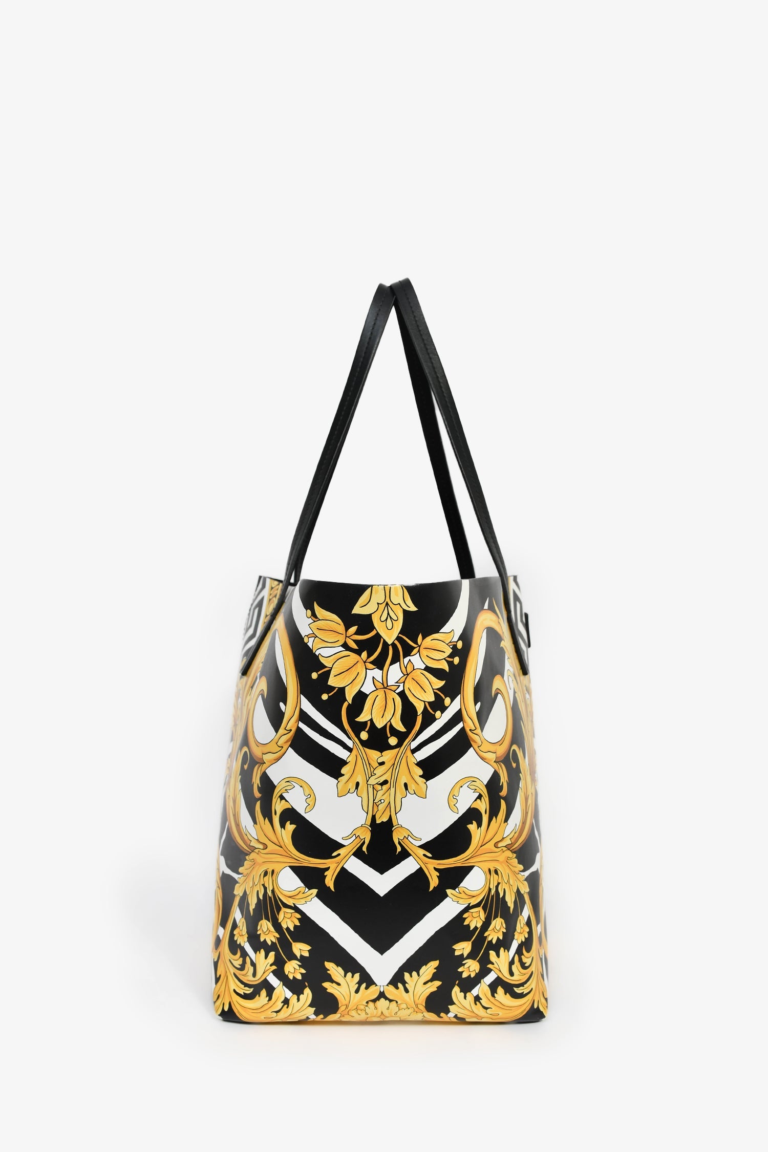 Versace Black Leather Barocco Print Shopper Tote