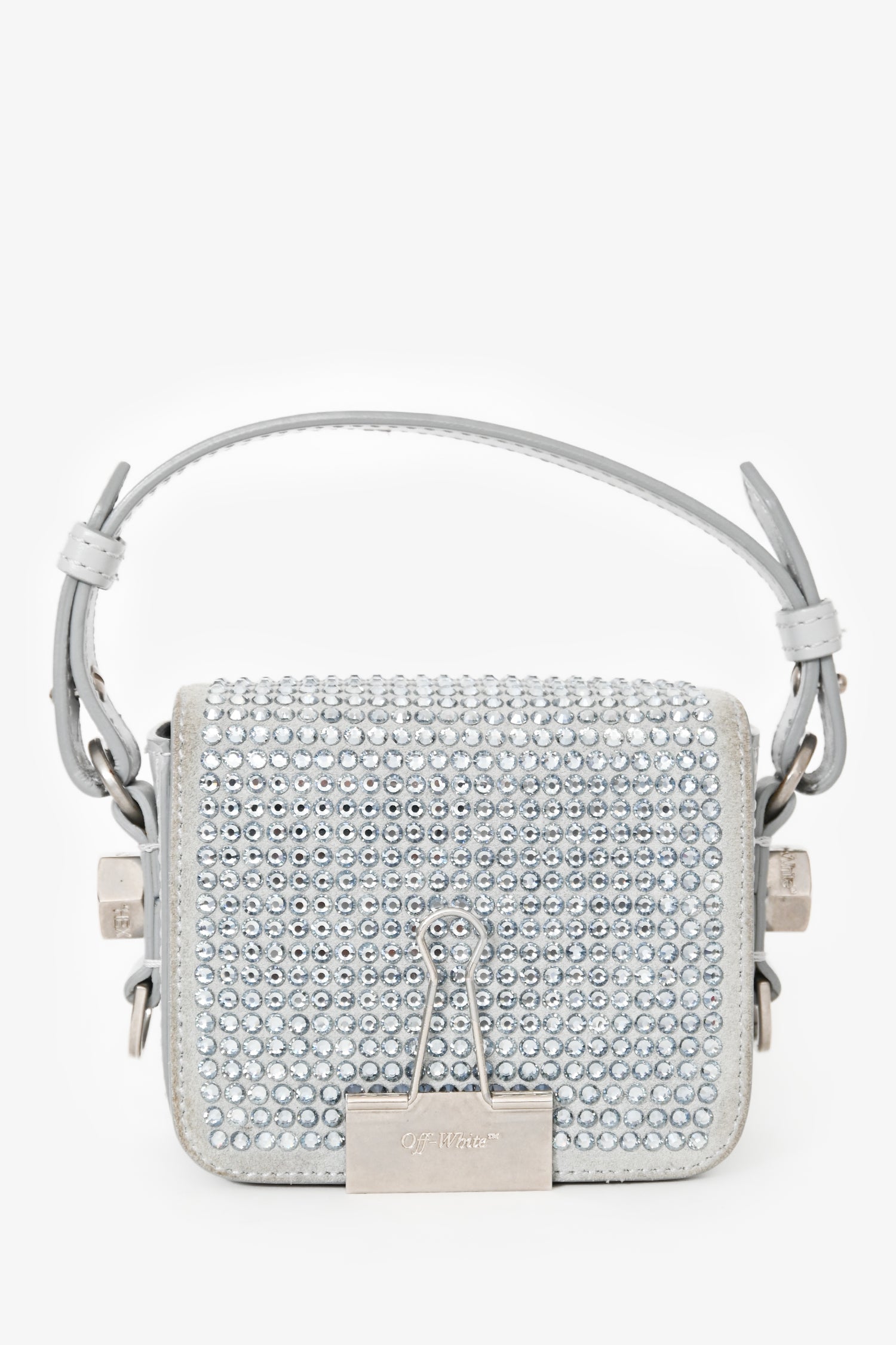 Off-White Grey Suede Swarovski Crystal Baby Binder Clip Bag