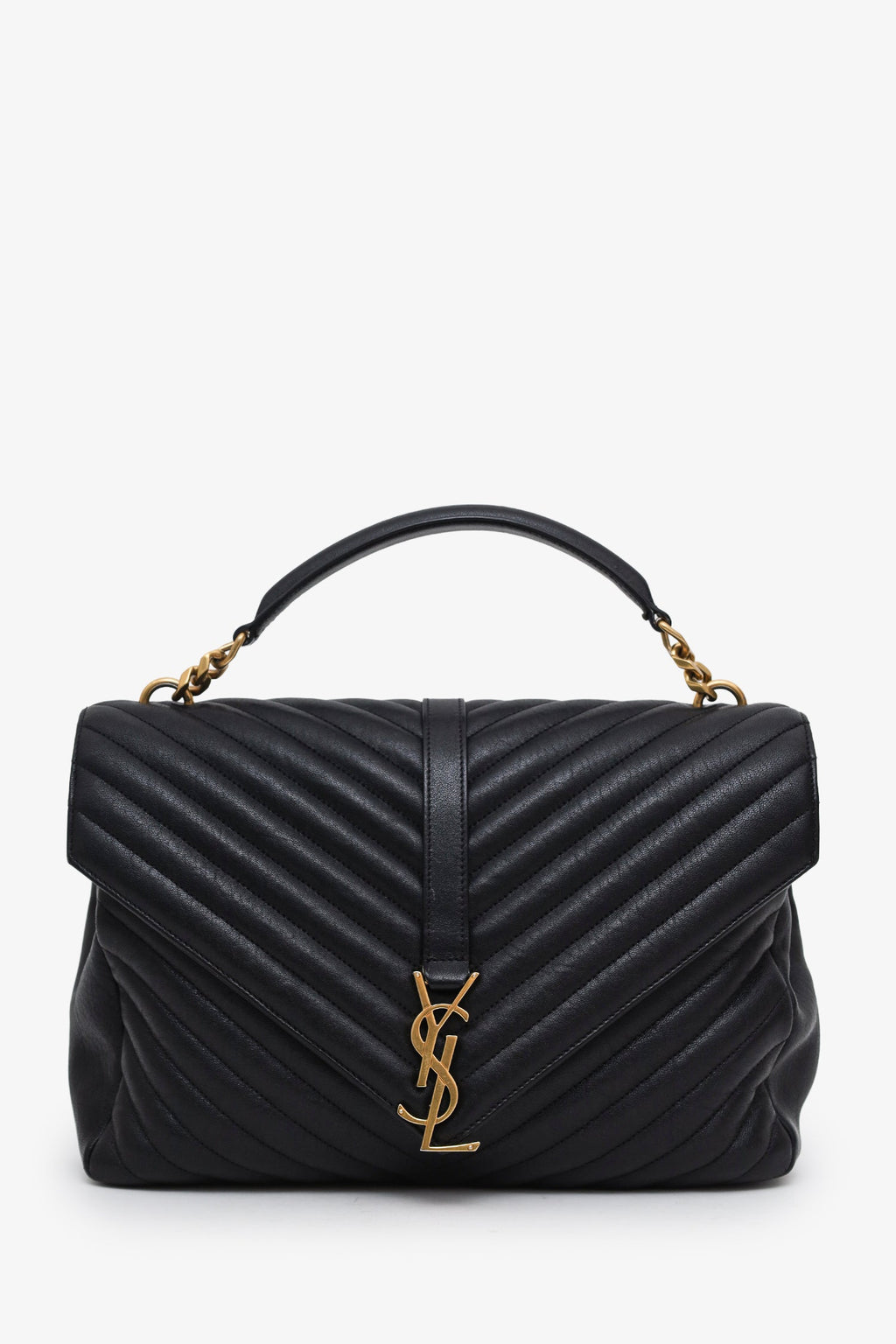 Saint Laurent Black Chevron Leather Medium College Bag With Chain