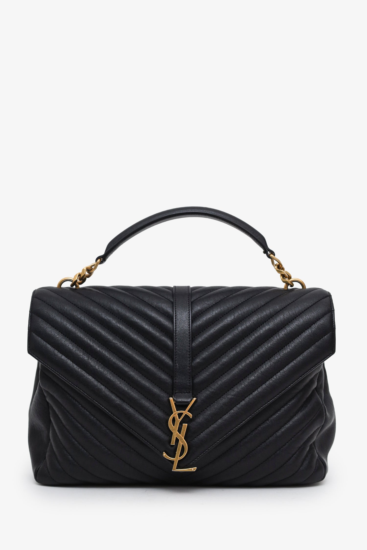 Saint Laurent Black Chevron Leather Medium College Bag With Chain