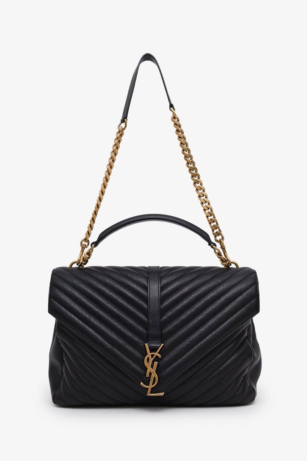 Saint Laurent Black Chevron Leather Medium College Bag With Chain