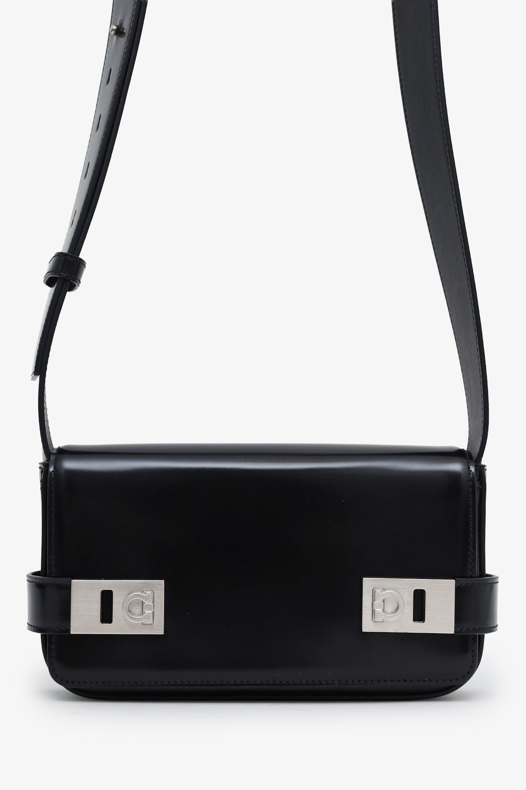 Salvatore Ferragamo Black Patent Leather Clasp Shoulder Bag