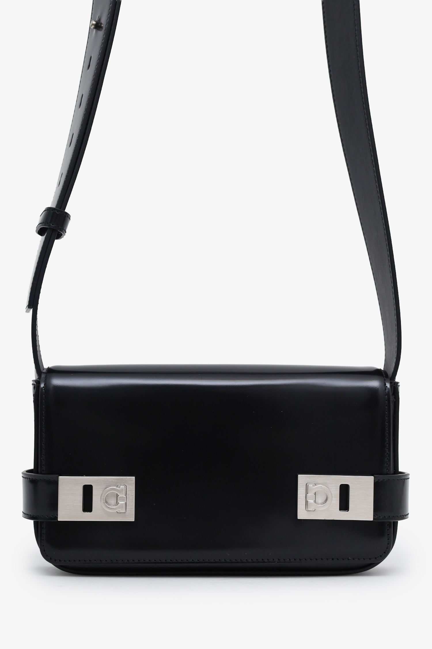 Salvatore Ferragamo Black Patent Leather Clasp Shoulder Bag