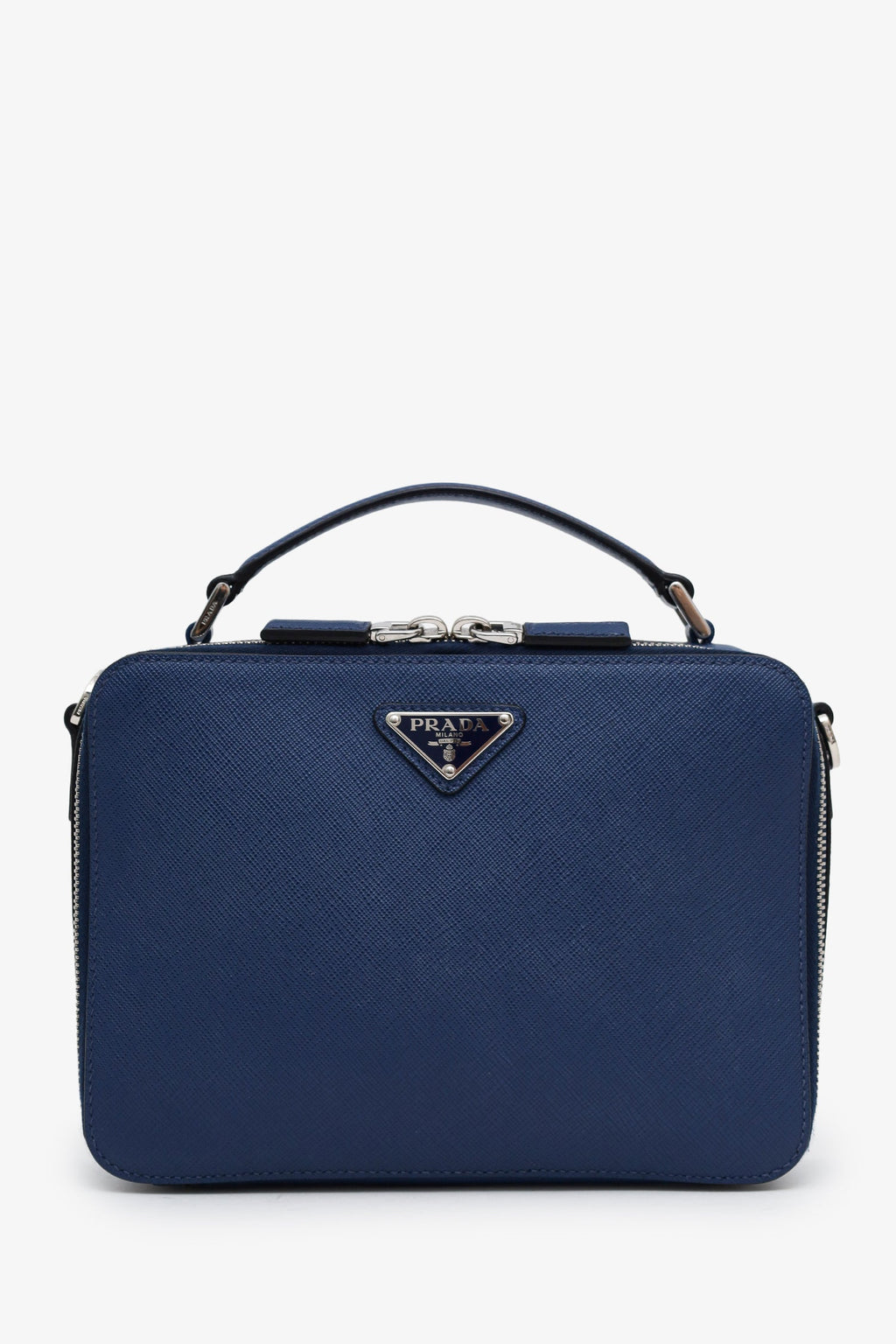 Prada Blue Saffiano Leather Brique Handle Bag With Strap