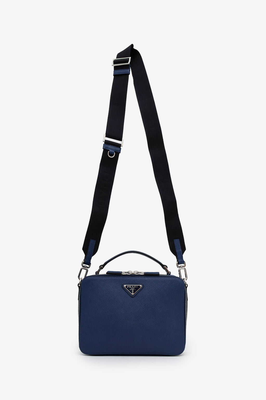 Prada Blue Saffiano Leather Brique Handle Bag With Strap