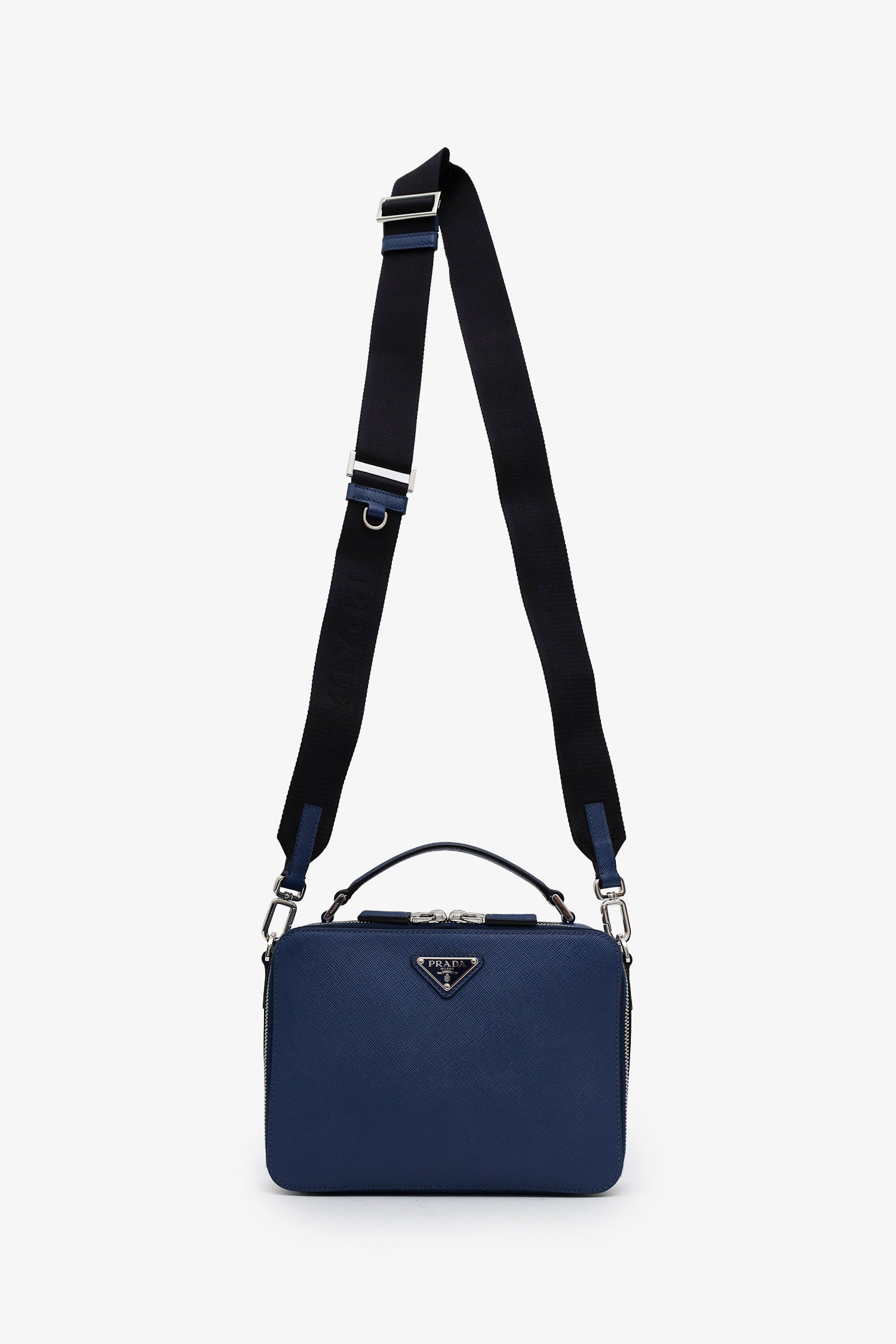 Prada Blue Saffiano Leather Brique Handle Bag With Strap