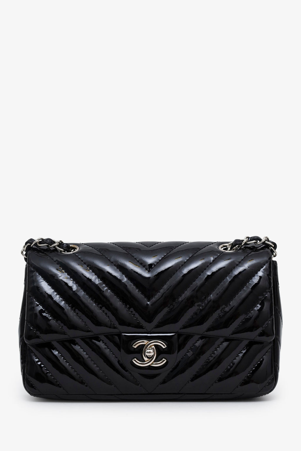Chanel™ 2009-10 Black Patent Chevron Medium Single Flap Bag