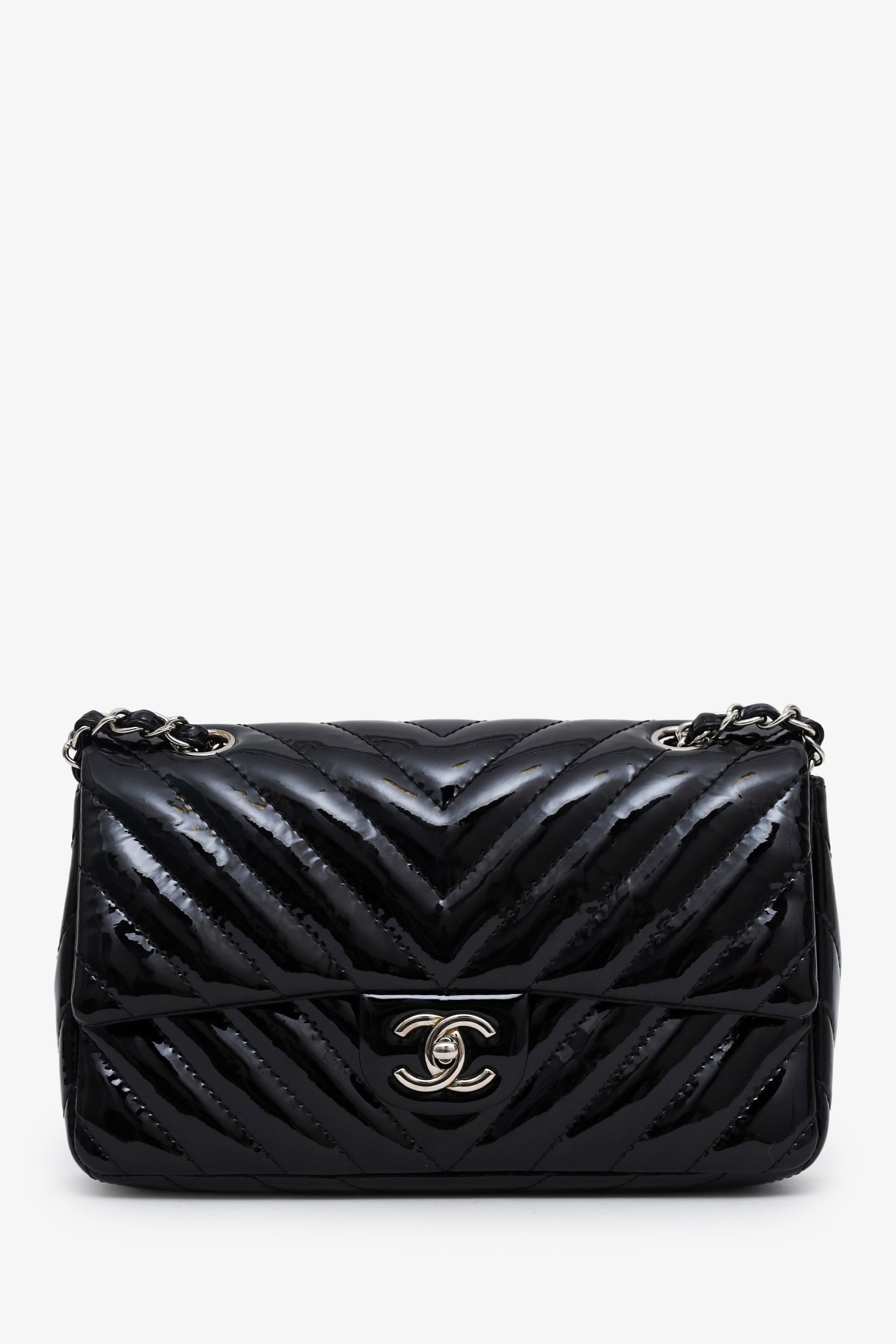 Chanel™ 2009-10 Black Patent Chevron Medium Single Flap Bag