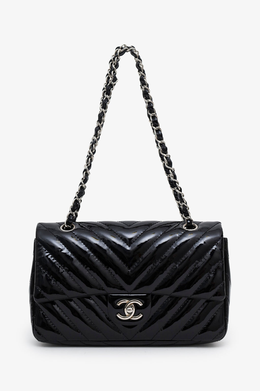 Chanel™ 2009-10 Black Patent Chevron Medium Single Flap Bag