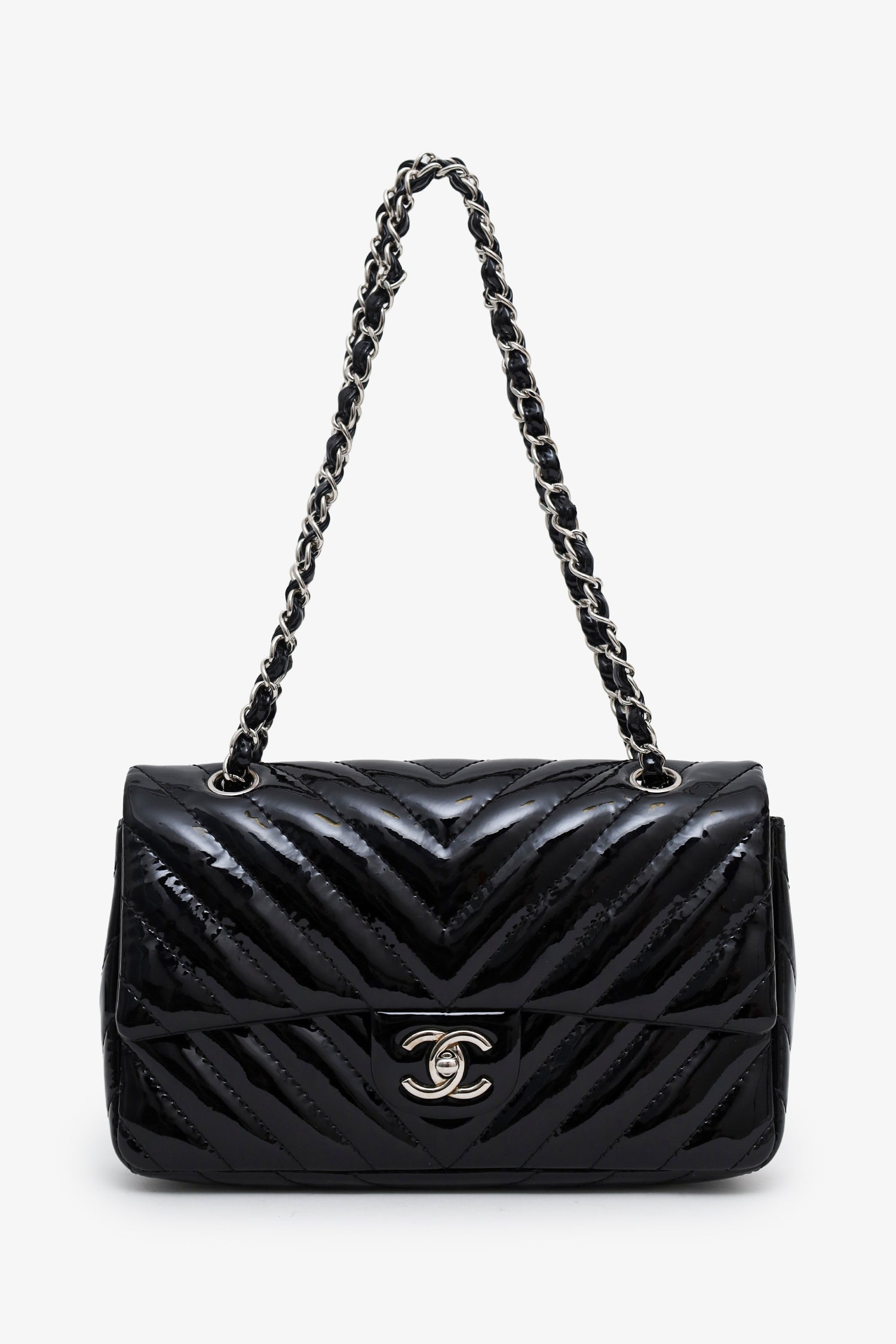Chanel™ 2009-10 Black Patent Chevron Medium Single Flap Bag