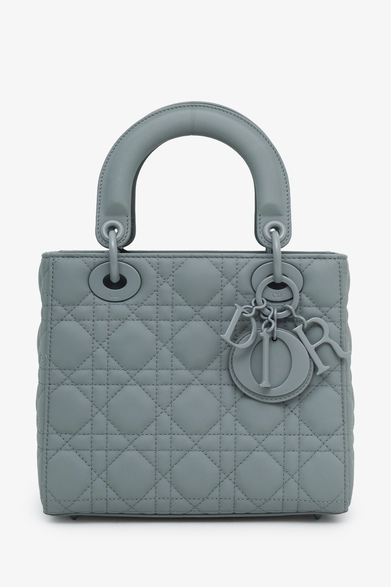 Christian Dior 2021 Grey Matte Cannage Leather Small Lady Dior Top Handle With Strap