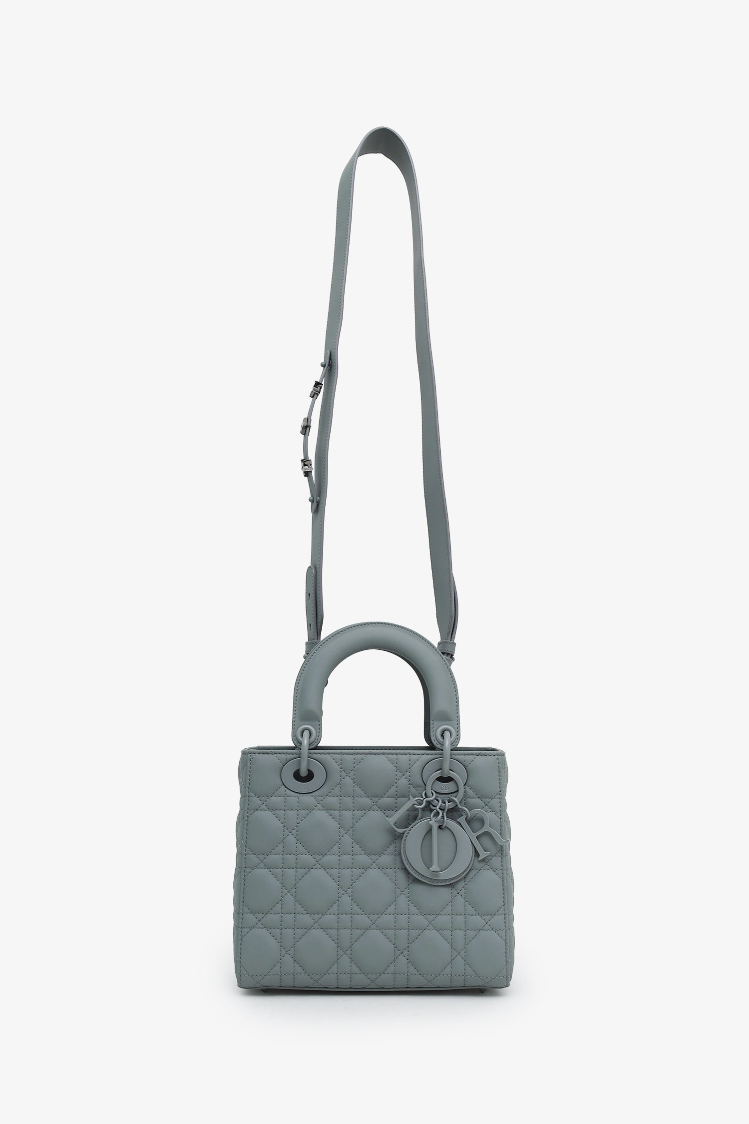 Christian Dior 2021 Grey Matte Cannage Leather Small Lady Dior Top Handle With Strap