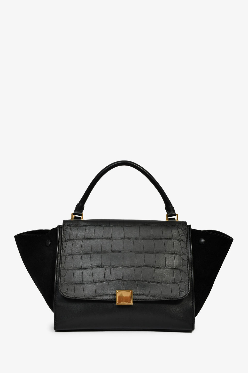 Celine 2012 Black Croc Embossed Leather Medium Trapeze Shoulder Bag