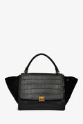 Celine 2012 Black Croc Embossed Leather Medium Trapeze Shoulder Bag