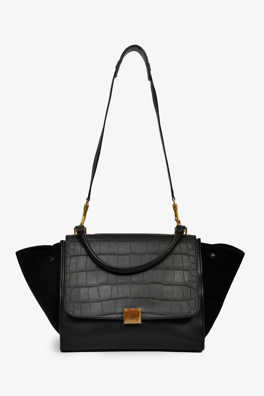 Celine 2012 Black Croc Embossed Leather Medium Trapeze Shoulder Bag