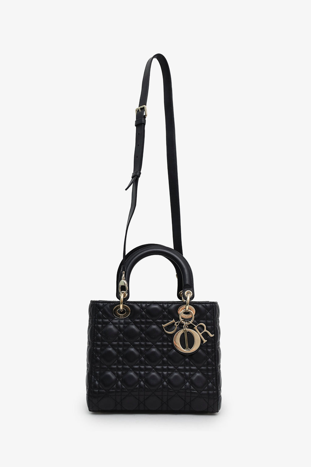 Christian Dior 2025 Black Cannage Lambskin Medium Lady Dior Bag With Strap