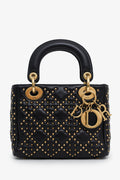 Christian Dior 2017 Black Leather Studded Supple Mini Lady Dior With Strap
