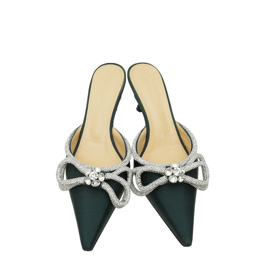 Mach & Mach Dark Emerald Satin Crystal Double Bow Mules 39