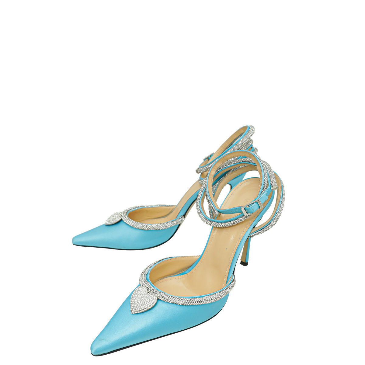 Mach & Mach Light Blue Satin Crystal Heart Embellished Ankle Strap Pumps 38