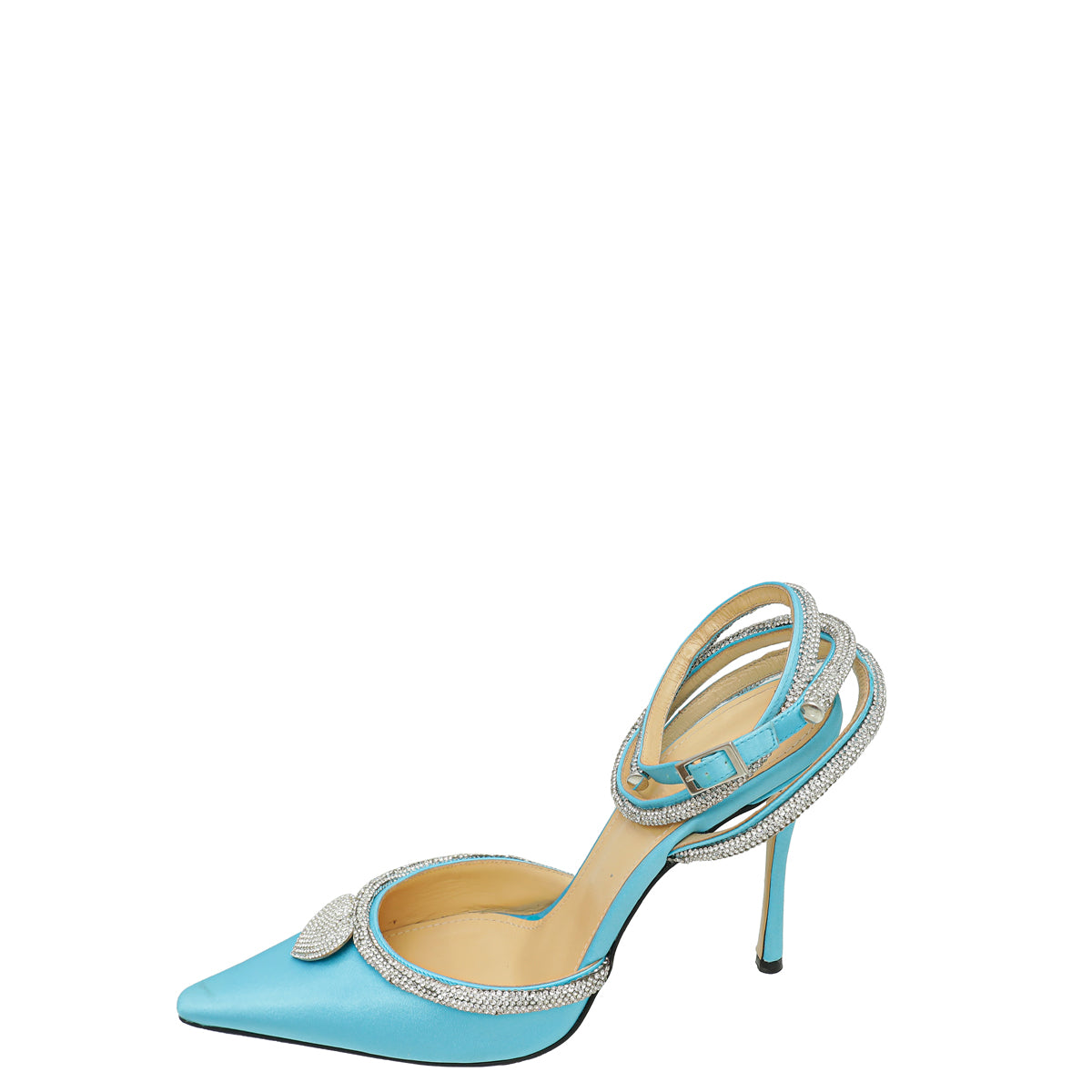 Mach & Mach Light Blue Satin Crystal Heart Embellished Ankle Strap Pumps 38