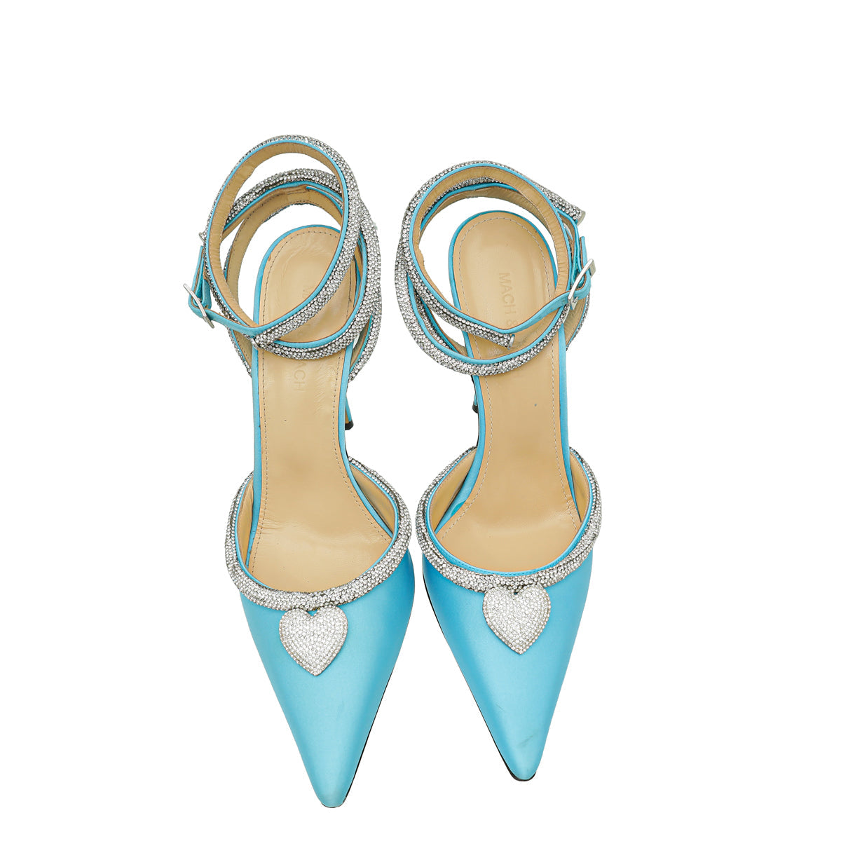 Mach & Mach Light Blue Satin Crystal Heart Embellished Ankle Strap Pumps 38