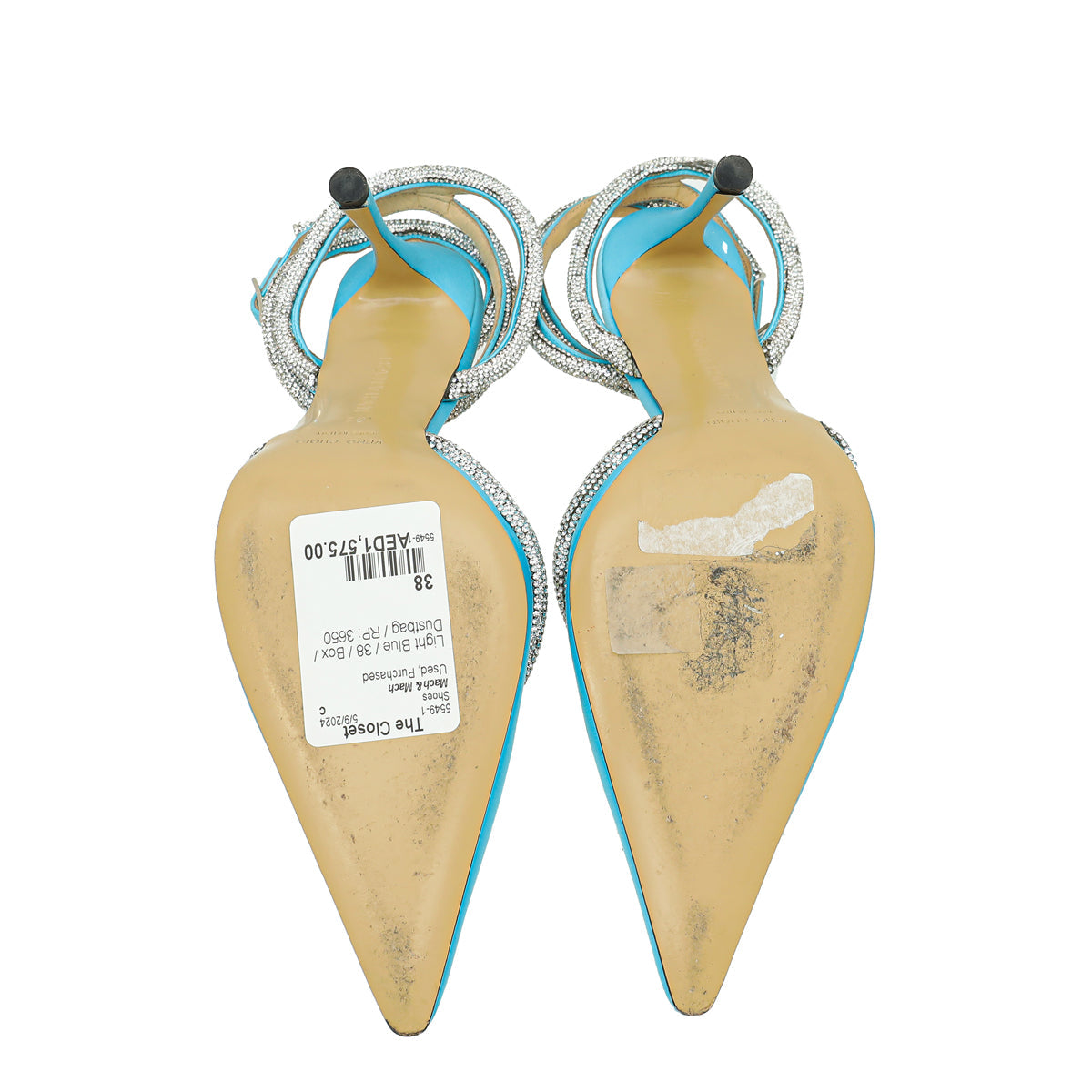 Mach & Mach Light Blue Satin Crystal Heart Embellished Ankle Strap Pumps 38