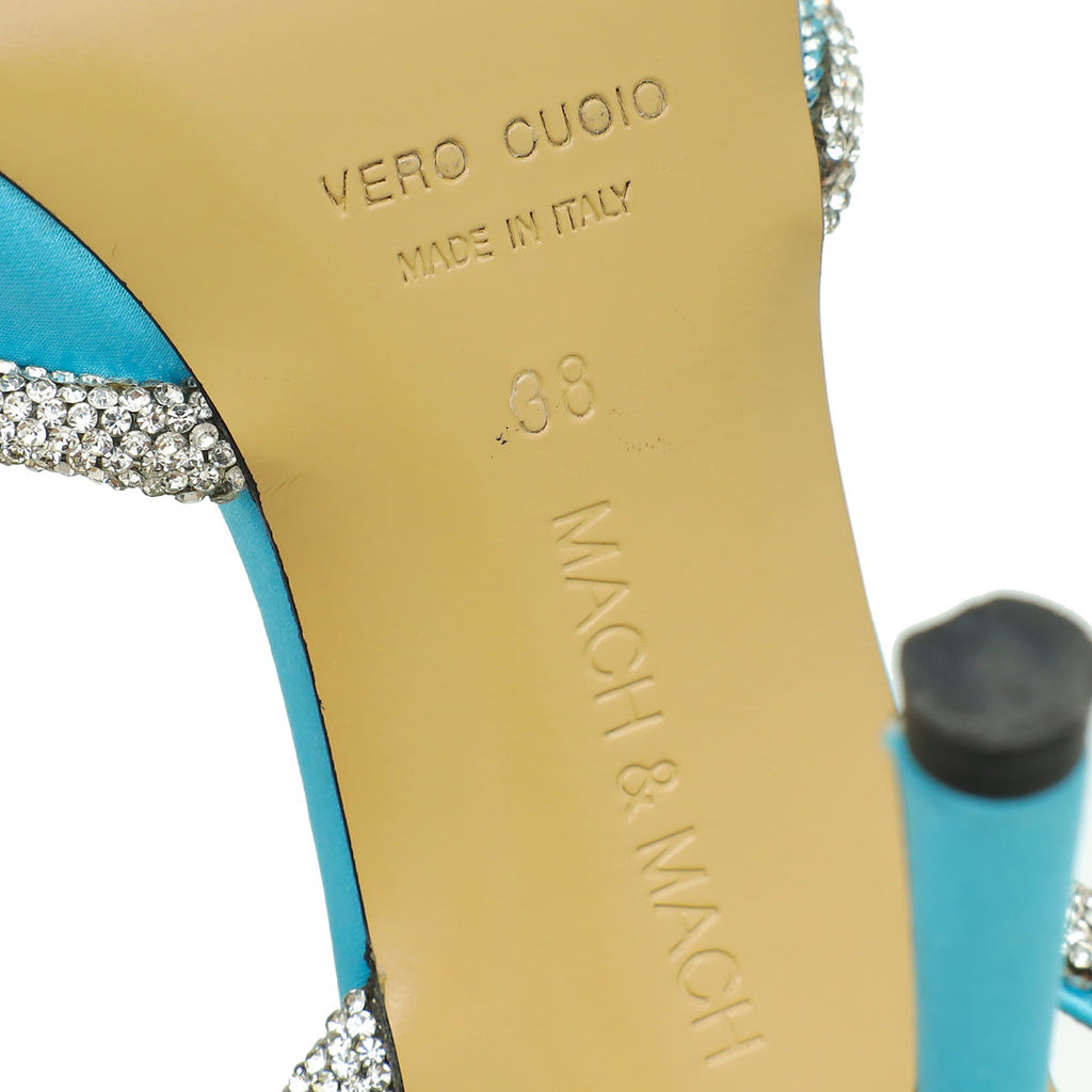 Mach & Mach Light Blue Satin Crystal Heart Embellished Ankle Strap Pumps 38