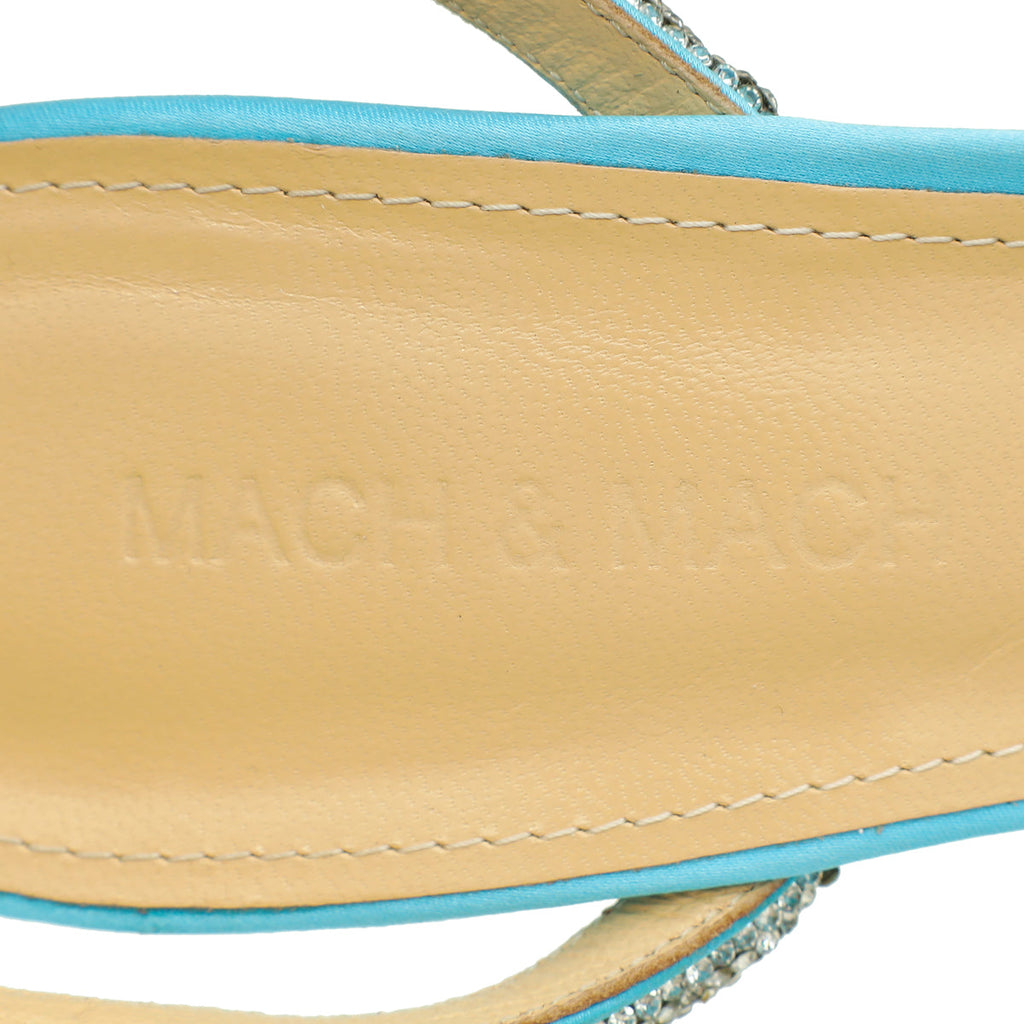 Mach & Mach Light Blue Satin Crystal Heart Embellished Ankle Strap Pumps 38