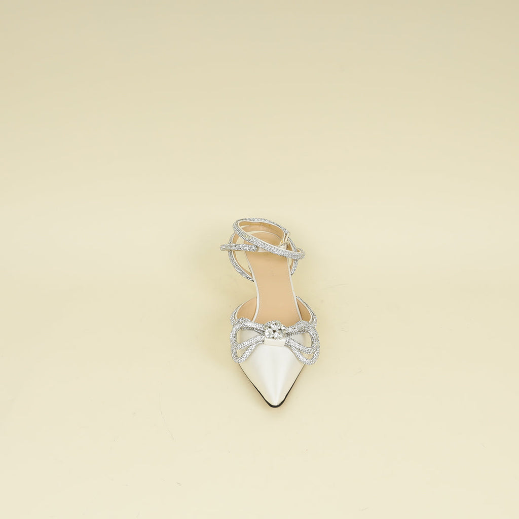 Mach & Mach Off White Satin Crystal Double Bow Pumps 40