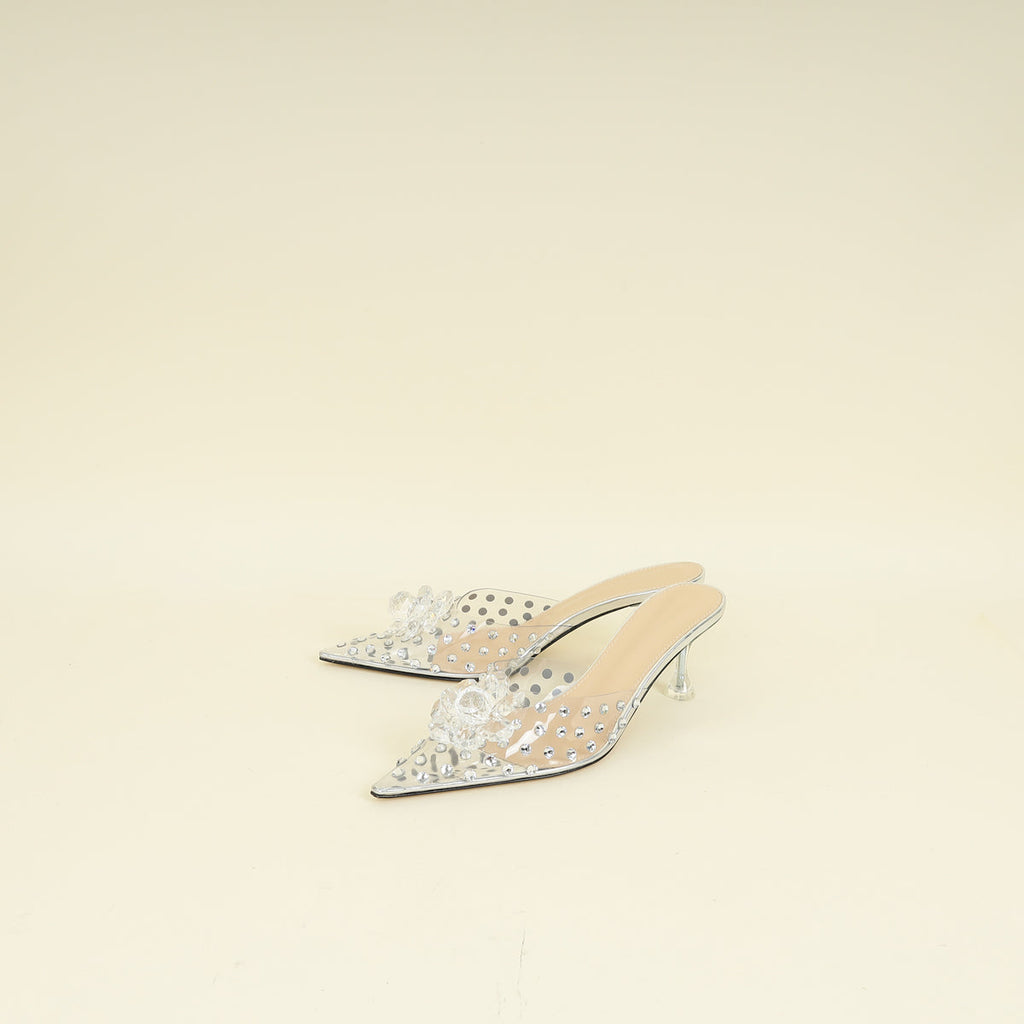 Mach & Mach Transparent  Metallic Silver Little Crystal Glass Mules 37.5