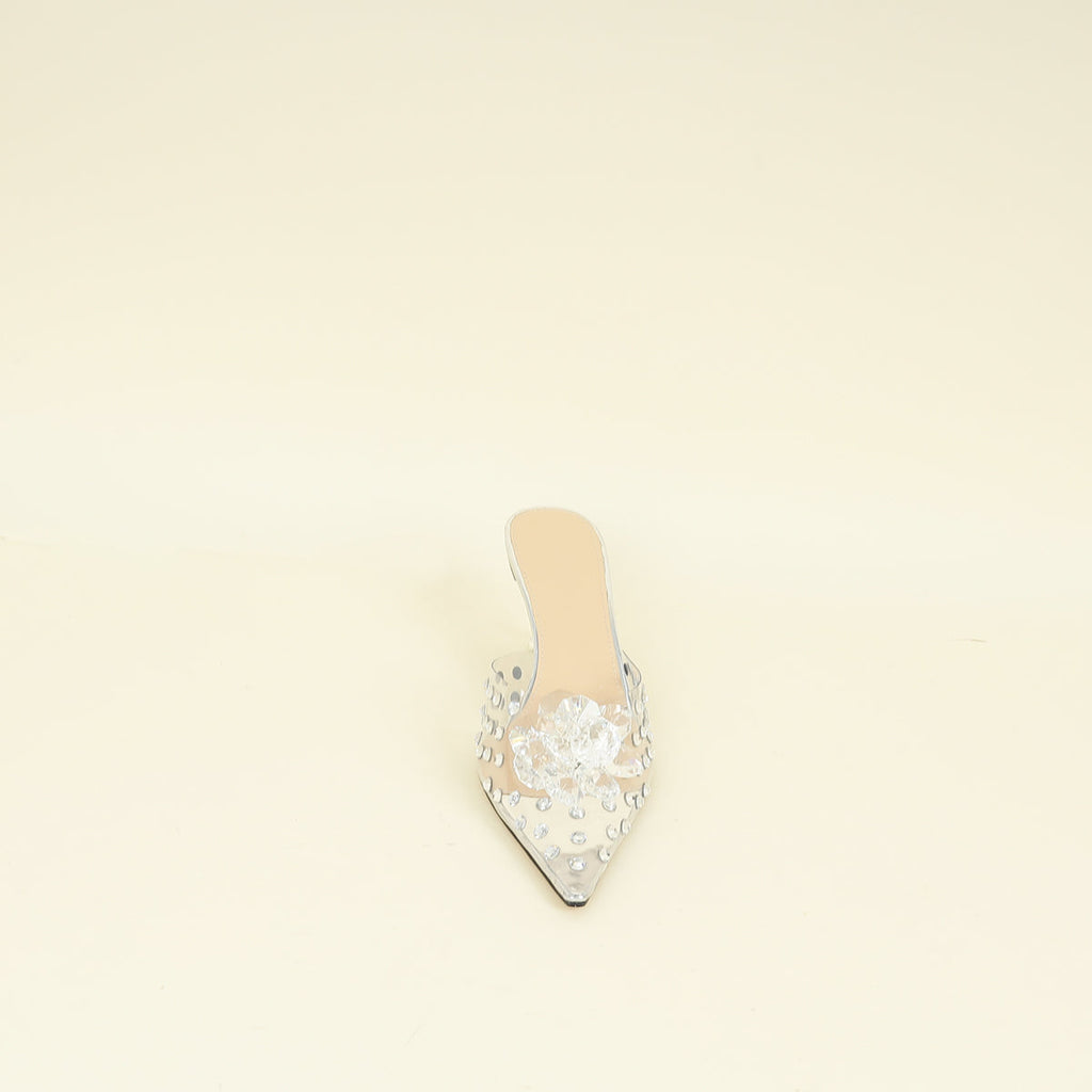 Mach & Mach Transparent  Metallic Silver Little Crystal Glass Mules 37.5
