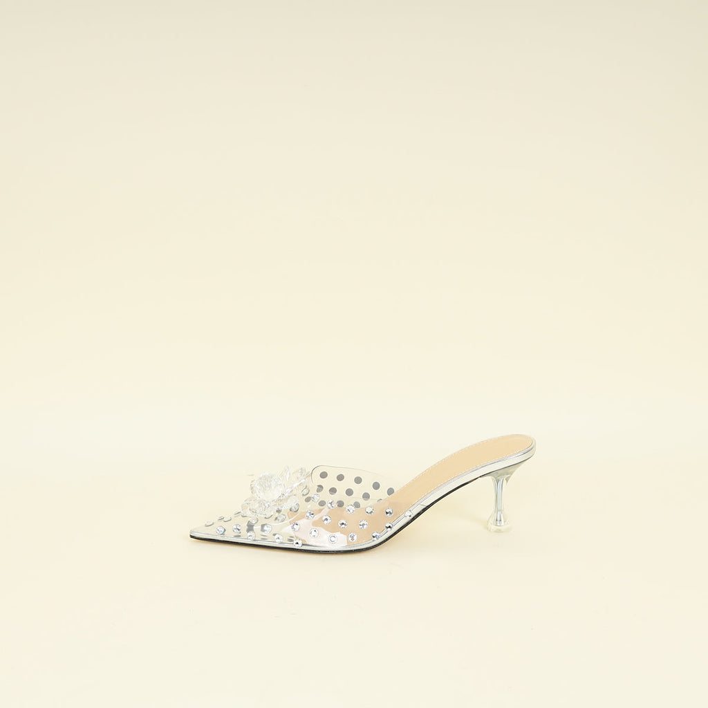 Mach & Mach Transparent  Metallic Silver Little Crystal Glass Mules 37.5