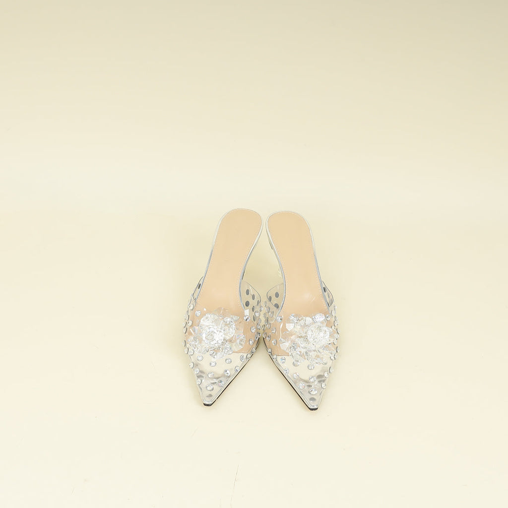 Mach & Mach Transparent  Metallic Silver Little Crystal Glass Mules 37.5