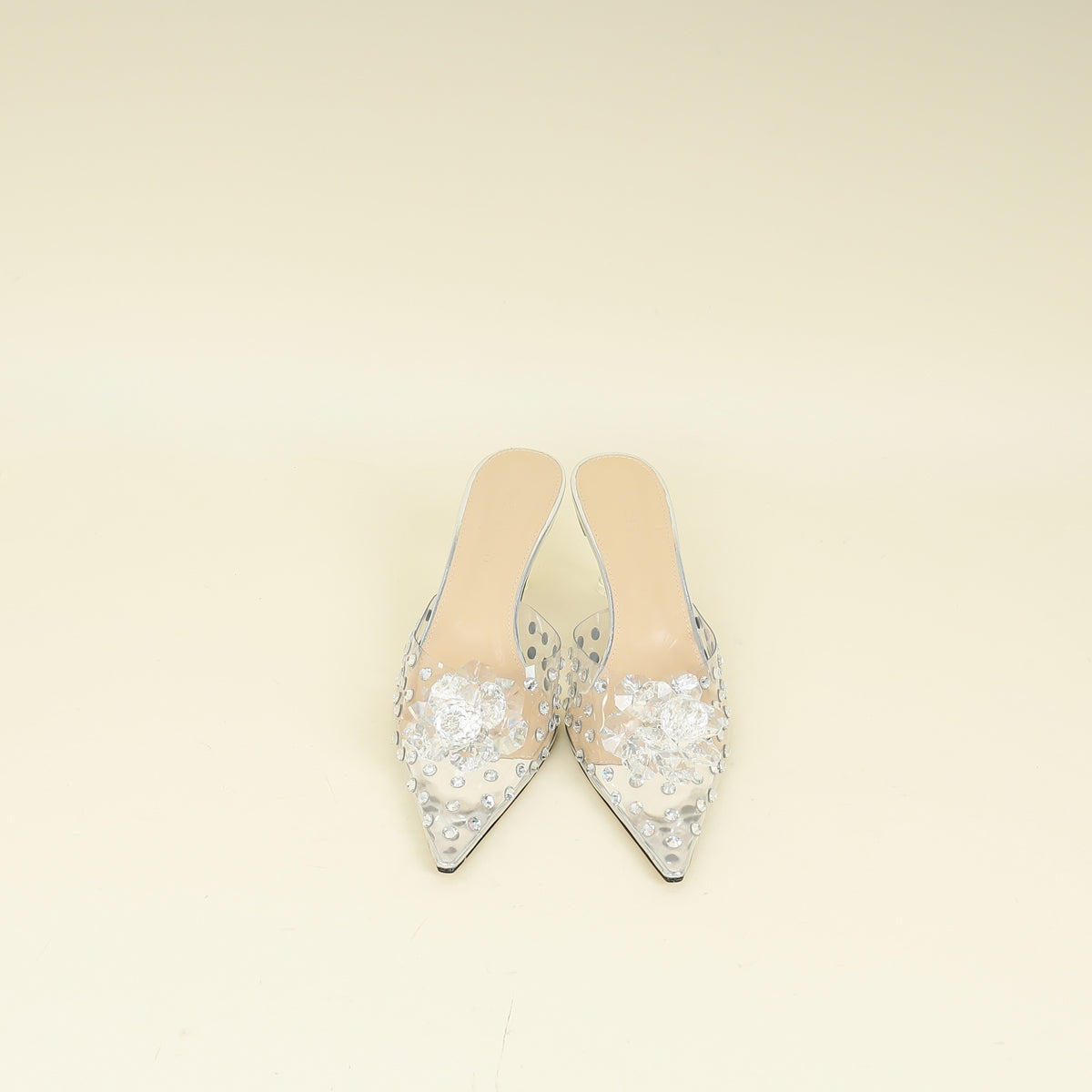 Mach & Mach Transparent  Metallic Silver Little Crystal Glass Mules 37.5