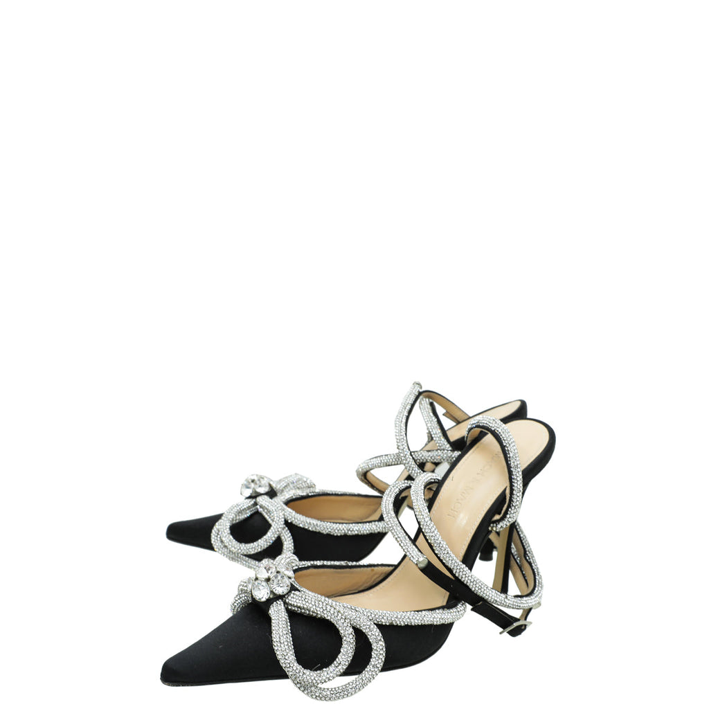 Mach & Mach Black Satin Crystal Bow Ankle Strap Pumps 37