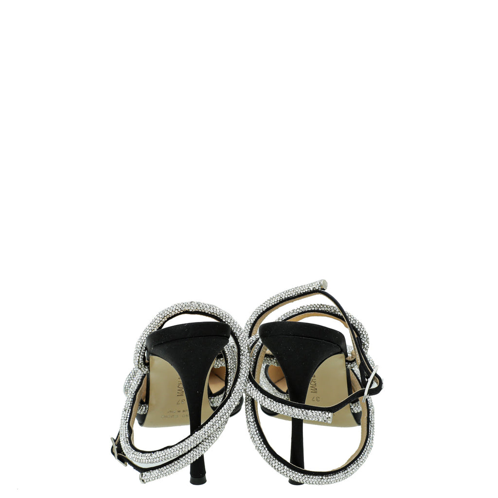 Mach & Mach Black Satin Crystal Bow Ankle Strap Pumps 37