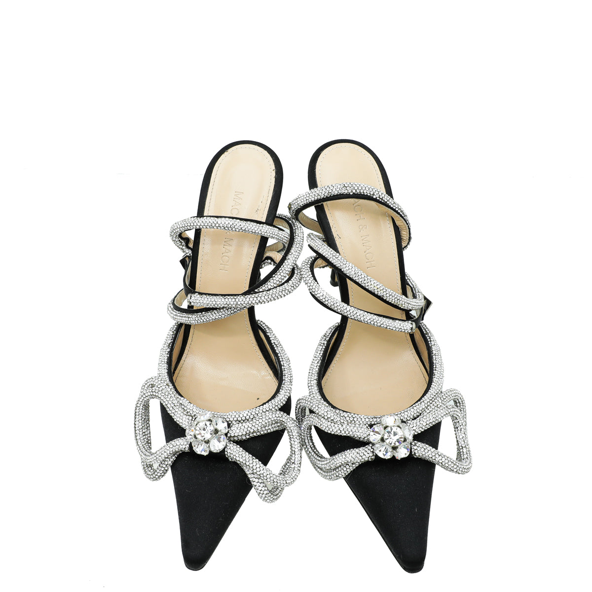 Mach & Mach Black Satin Crystal Bow Ankle Strap Pumps 37