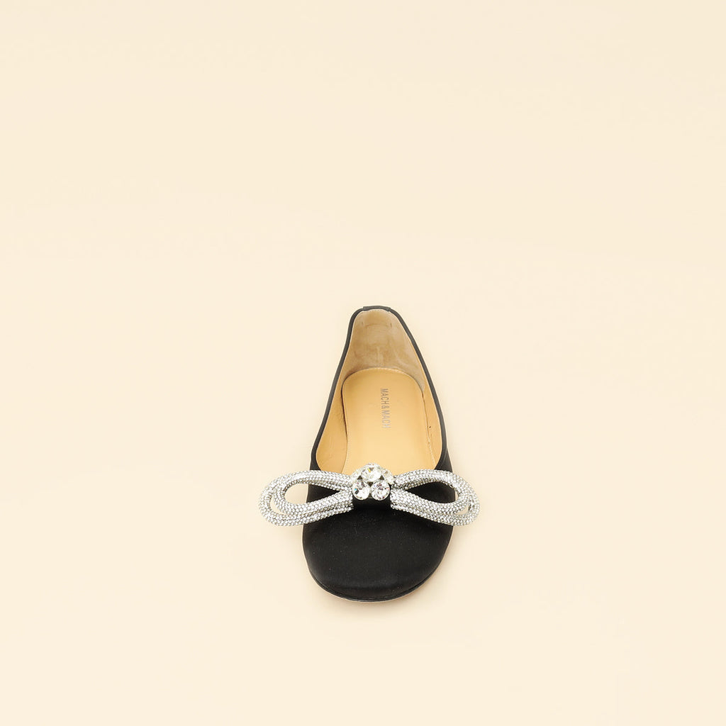 Mach & Mach Black Satin Double Bow Ballet Flats 38