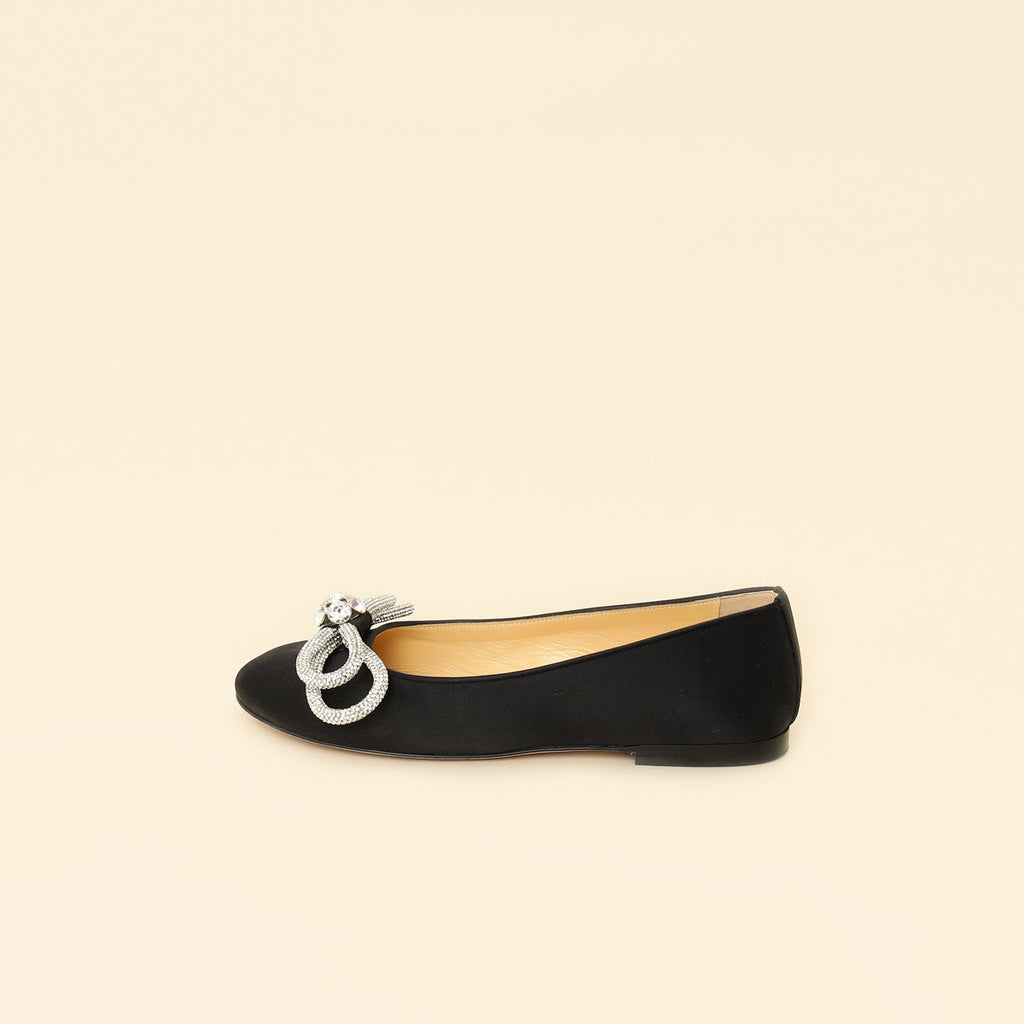 Mach & Mach Black Satin Double Bow Ballet Flats 38