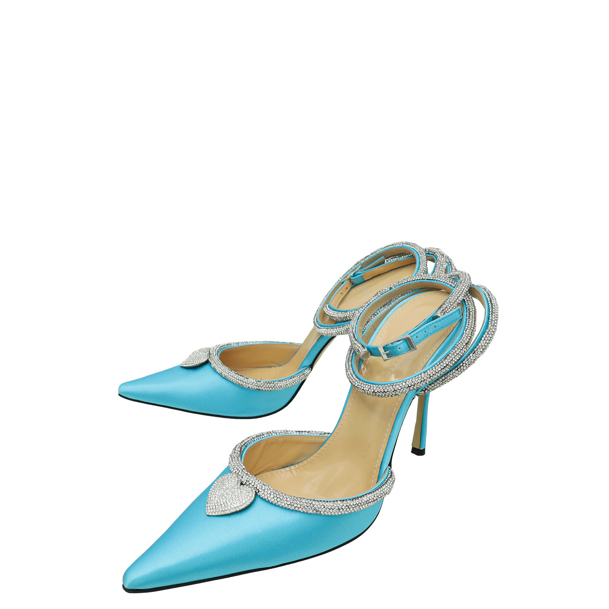Mach & Mach Light Blue Satin Crystal Heart Embellished Ankle Strap Pumps 40.5